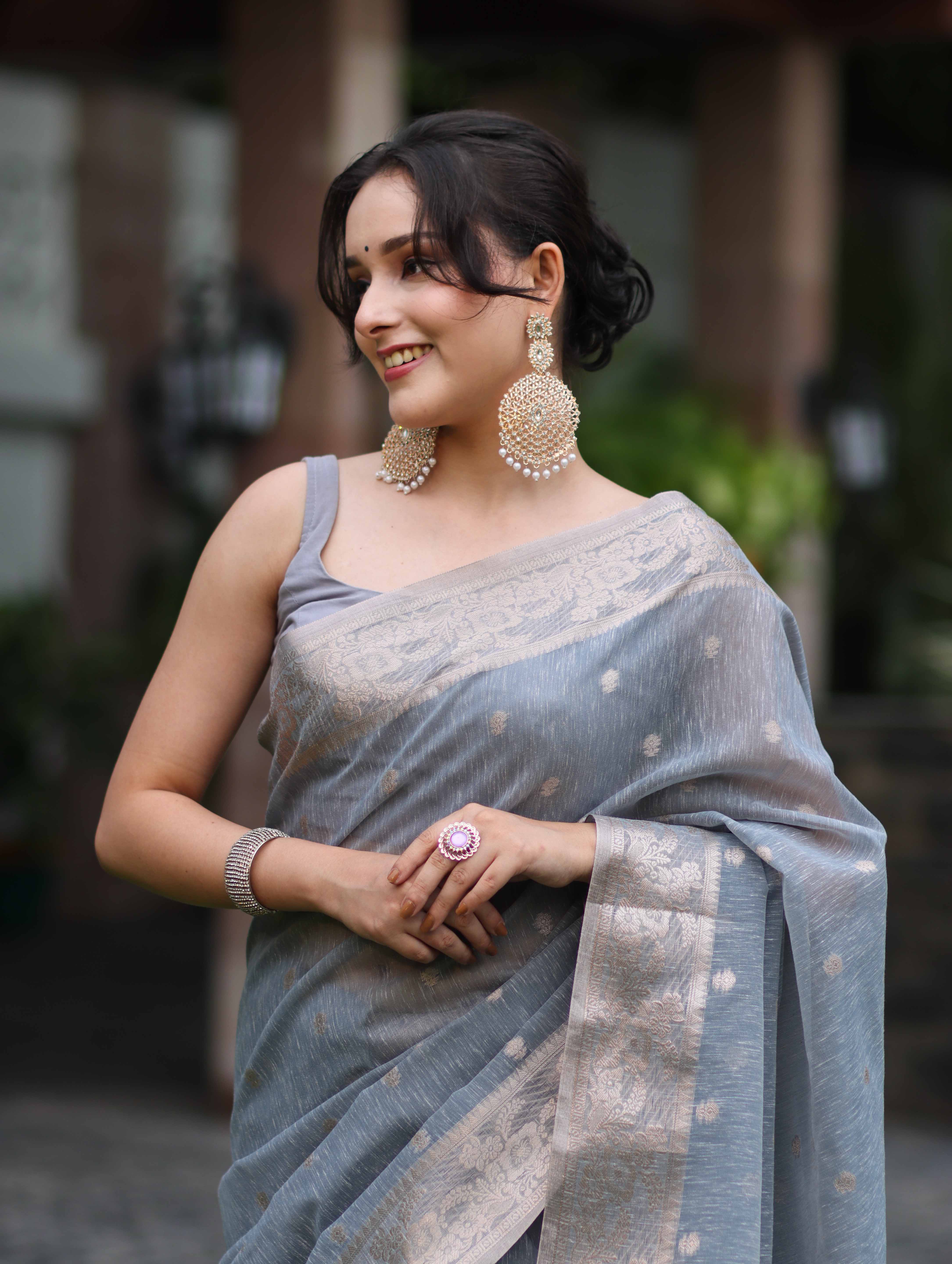 Banarasee Handloom Cotton Silk Saree With Zari Work & Border-Dusty Blue