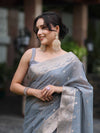 Banarasee Handloom Cotton Silk Saree With Zari Work & Border-Dusty Blue