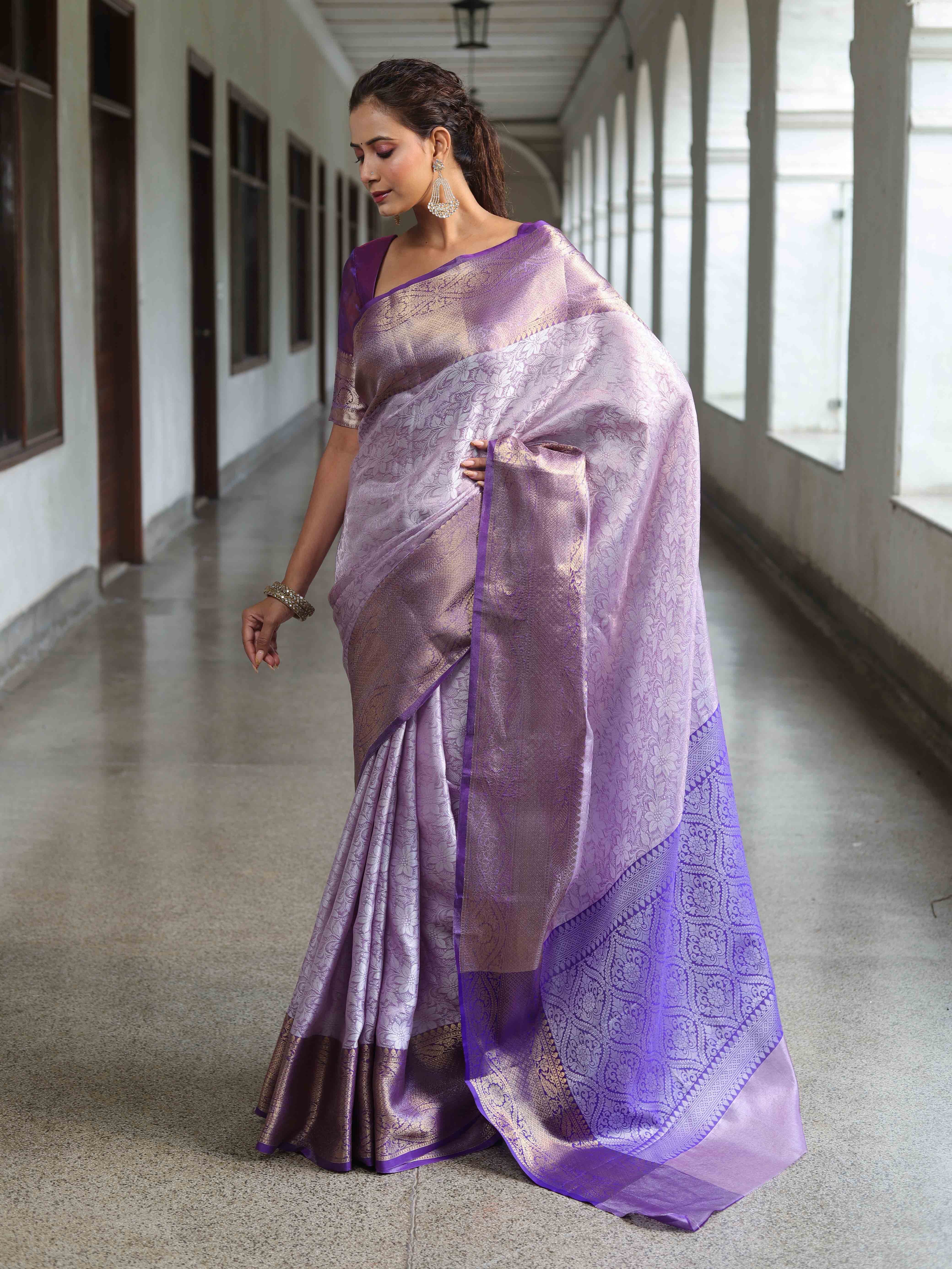 Banarasee Handwoven Semi Silk Saree With Floral Weaving & Board Zari Border-Purple(Dual Tone)