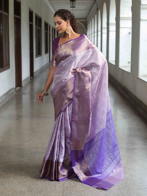 Banarasee Handwoven Semi Silk Saree With Floral Weaving & Board Zari Border-Purple(Dual Tone)