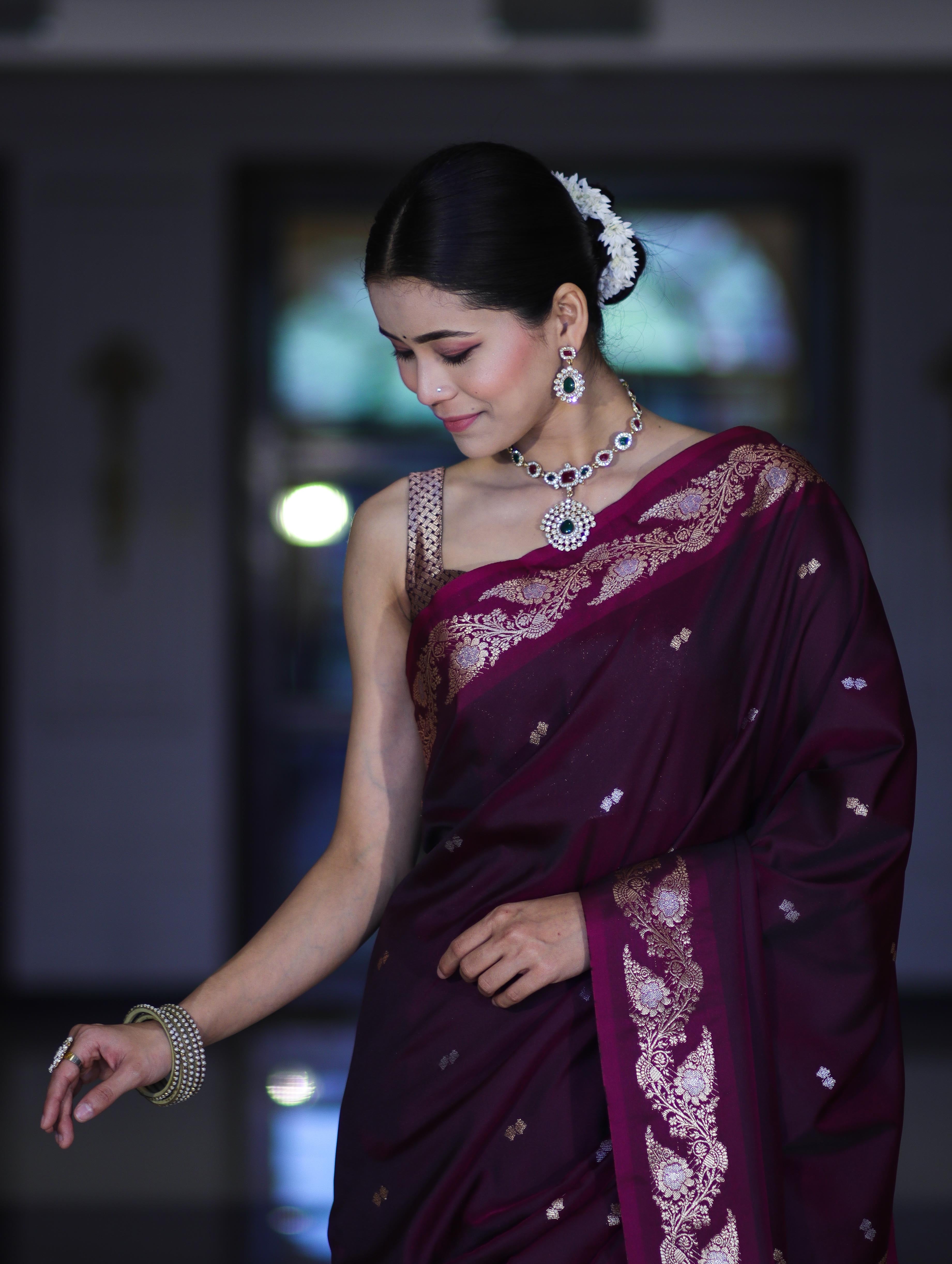 Banarasee Handloom Semi Silk Saree With Sona Rupa Zari Buti Design & Floral Border-Wine