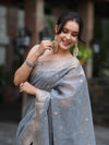Banarasee Handloom Cotton Silk Saree With Zari Work & Border-Dusty Blue