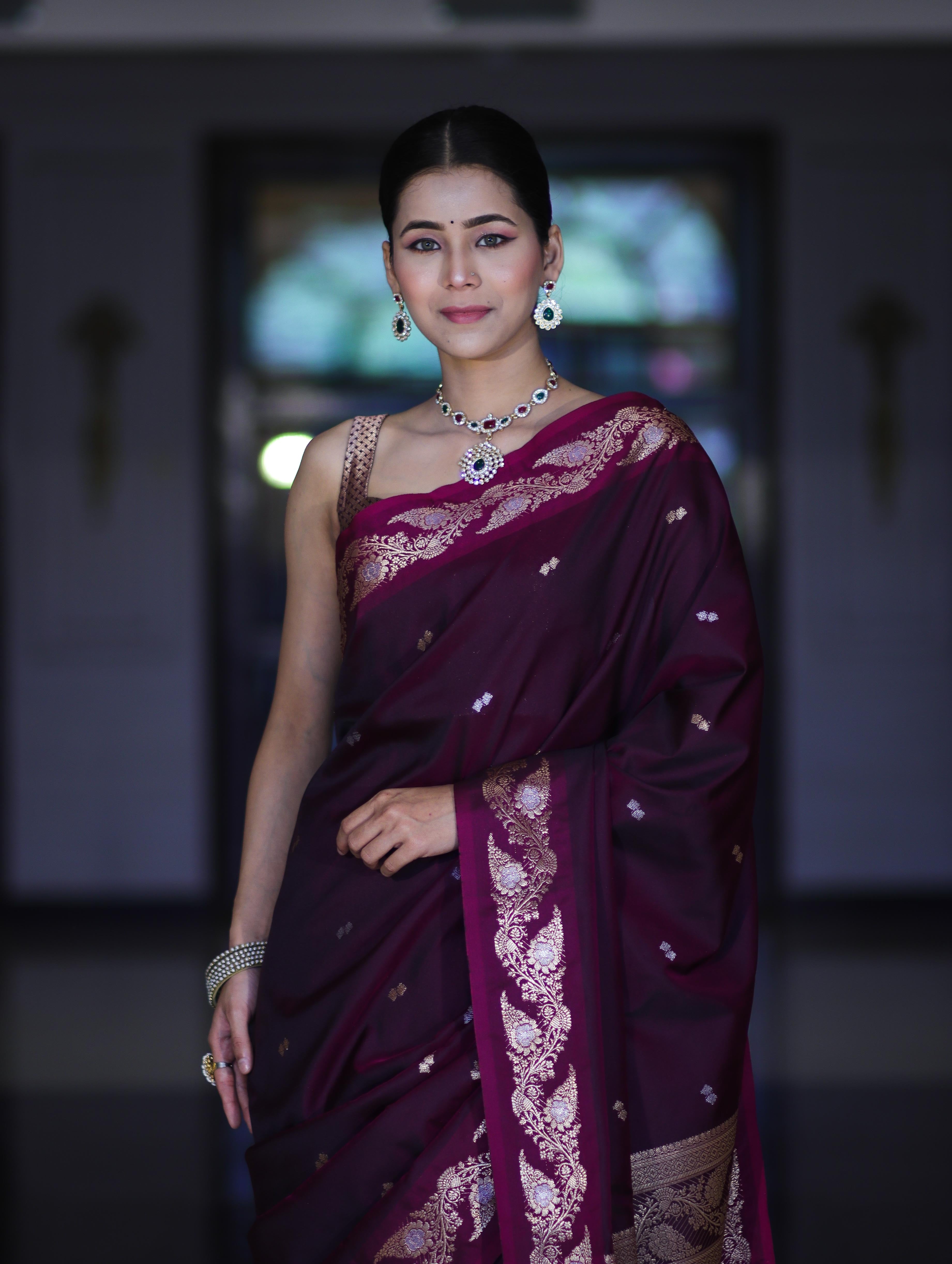 Banarasee Handloom Semi Silk Saree With Sona Rupa Zari Buti Design & Floral Border-Wine