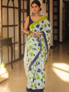 Handloom Mul Cotton Hand-Block Print Saree-White
