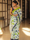 Handloom Mul Cotton Hand-Block Print Saree-White