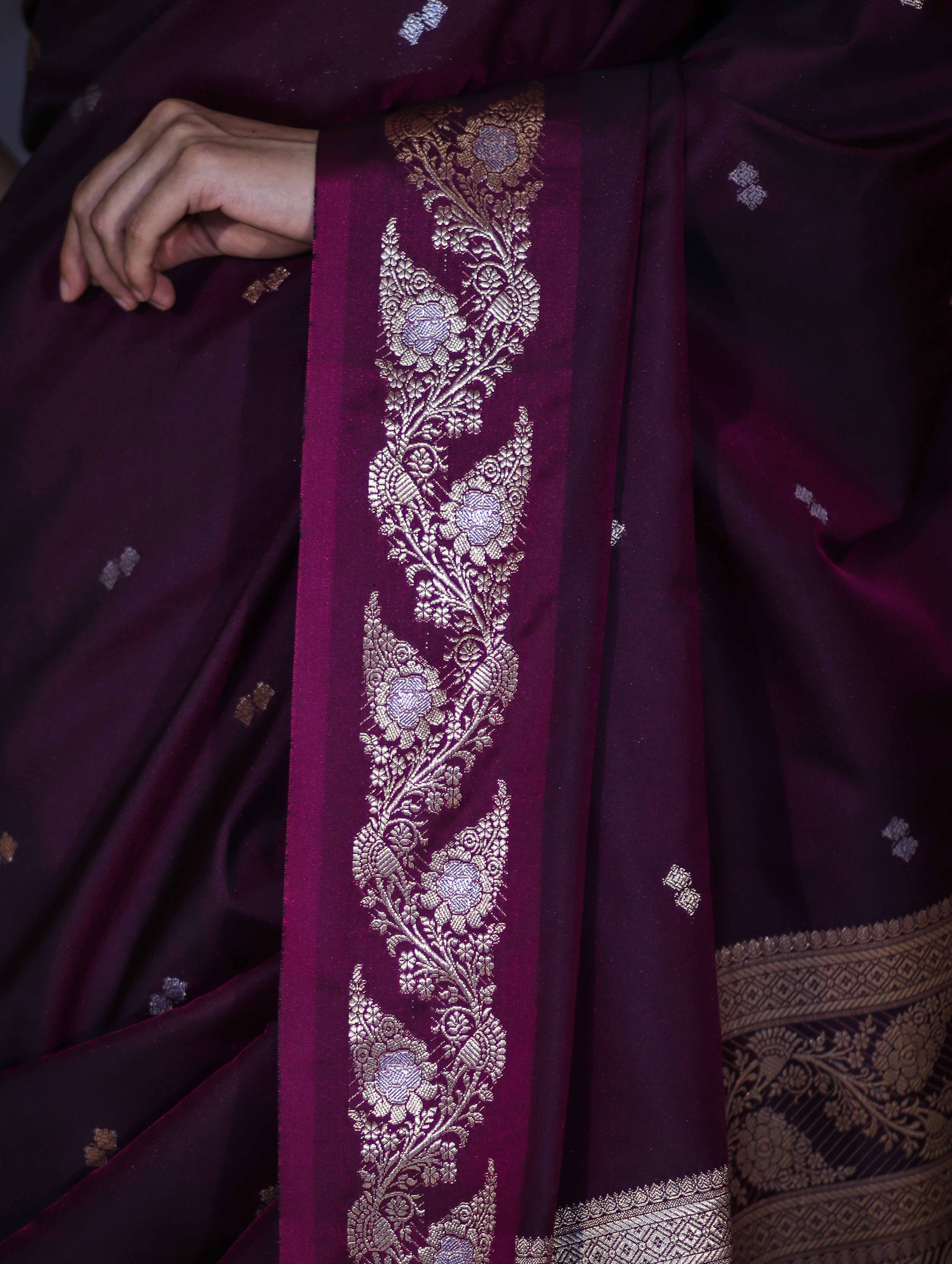 Banarasee Handloom Semi Silk Saree With Sona Rupa Zari Buti Design & Floral Border-Wine