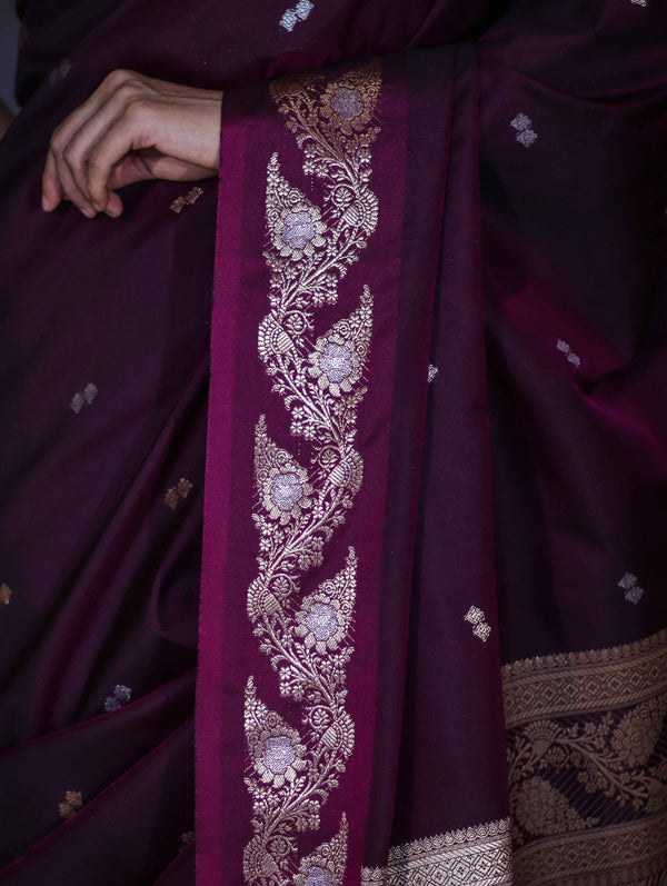 Banarasee Handloom Semi Silk Saree With Sona Rupa Zari Buti Design & Floral Border-Wine