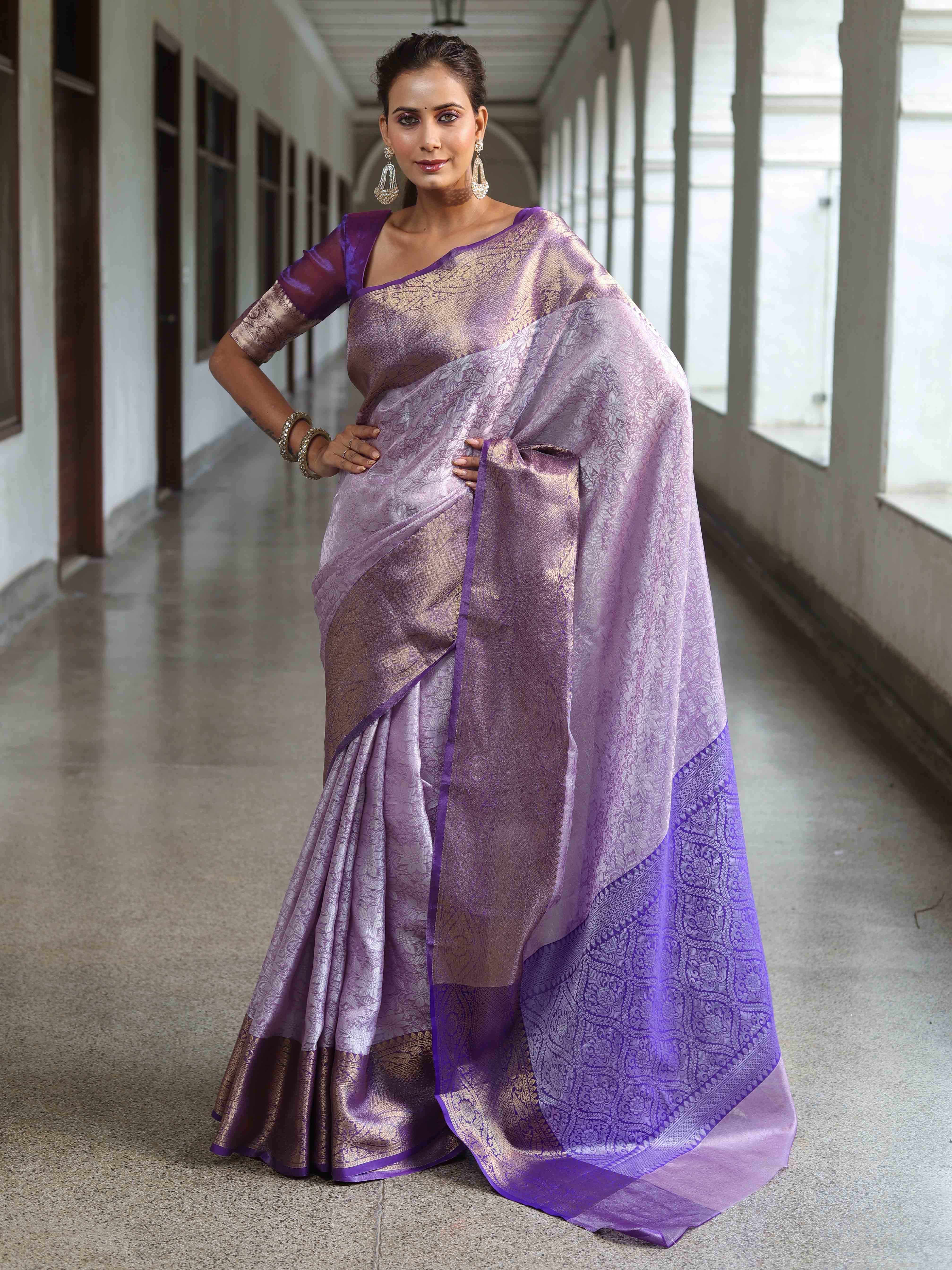 Banarasee Handwoven Semi Silk Saree With Floral Weaving & Board Zari Border-Purple(Dual Tone)
