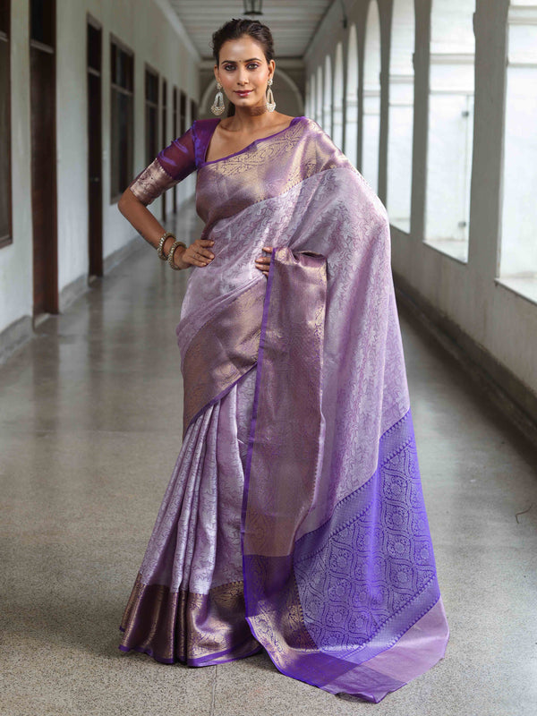 Banarasee Handwoven Semi Silk Saree With Floral Weaving & Board Zari Border-Purple(Dual Tone)