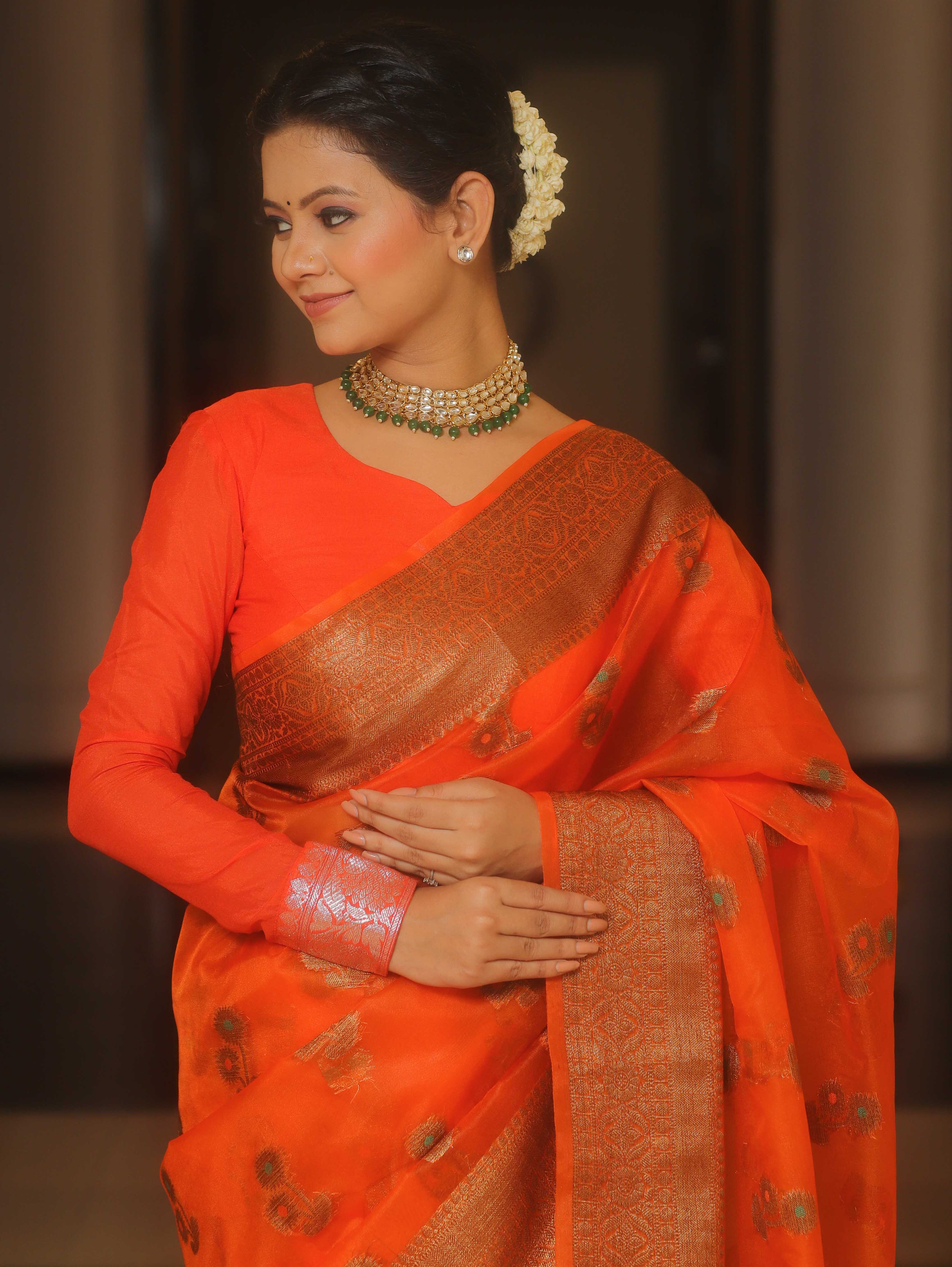 Banarasee Organza Saree With Antique Zari Buta Design-Orange