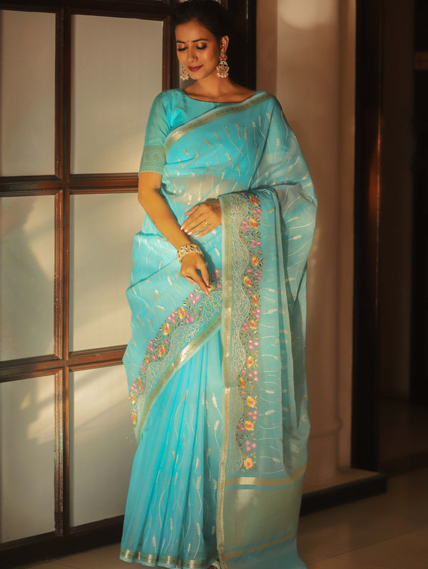 Banarasee Organza Saree With Floral Embroidery-Blue