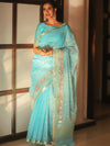 Banarasee Organza Saree With Floral Embroidery-Blue