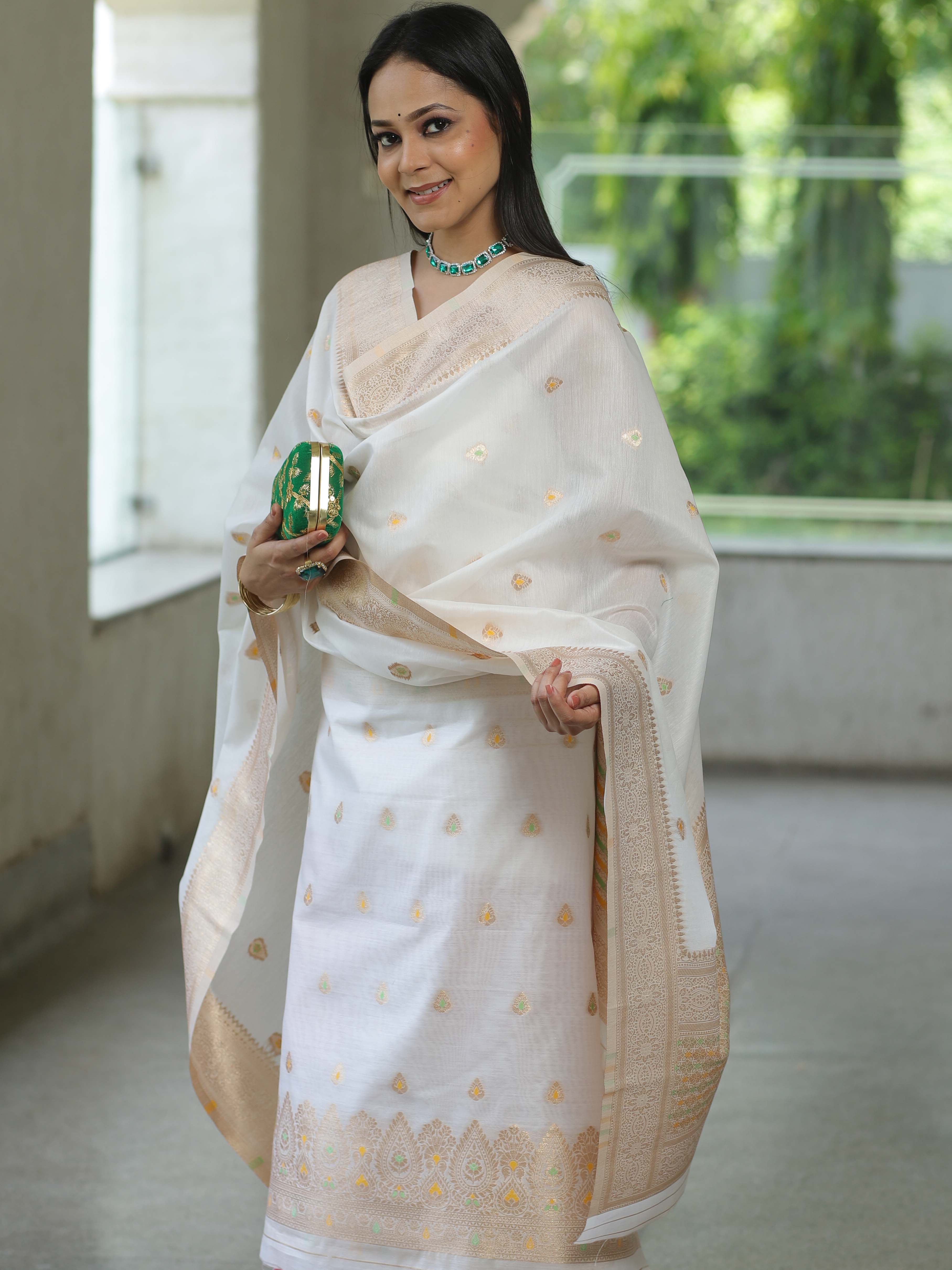 Banarasee Handloom Chanderi Salwar Kameez Fabric With Meena & Zari Design-White