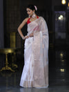 Banarasee Handloom Dupion Silk Saree With Zari Buta Work & Border-White