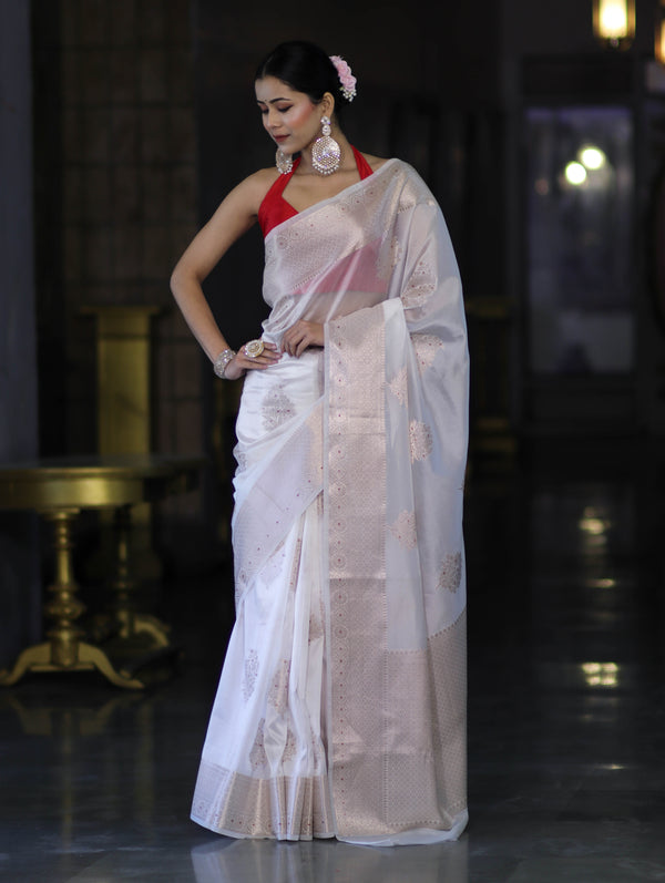 Banarasee Handloom Dupion Silk Saree With Zari Buta Work & Border-White