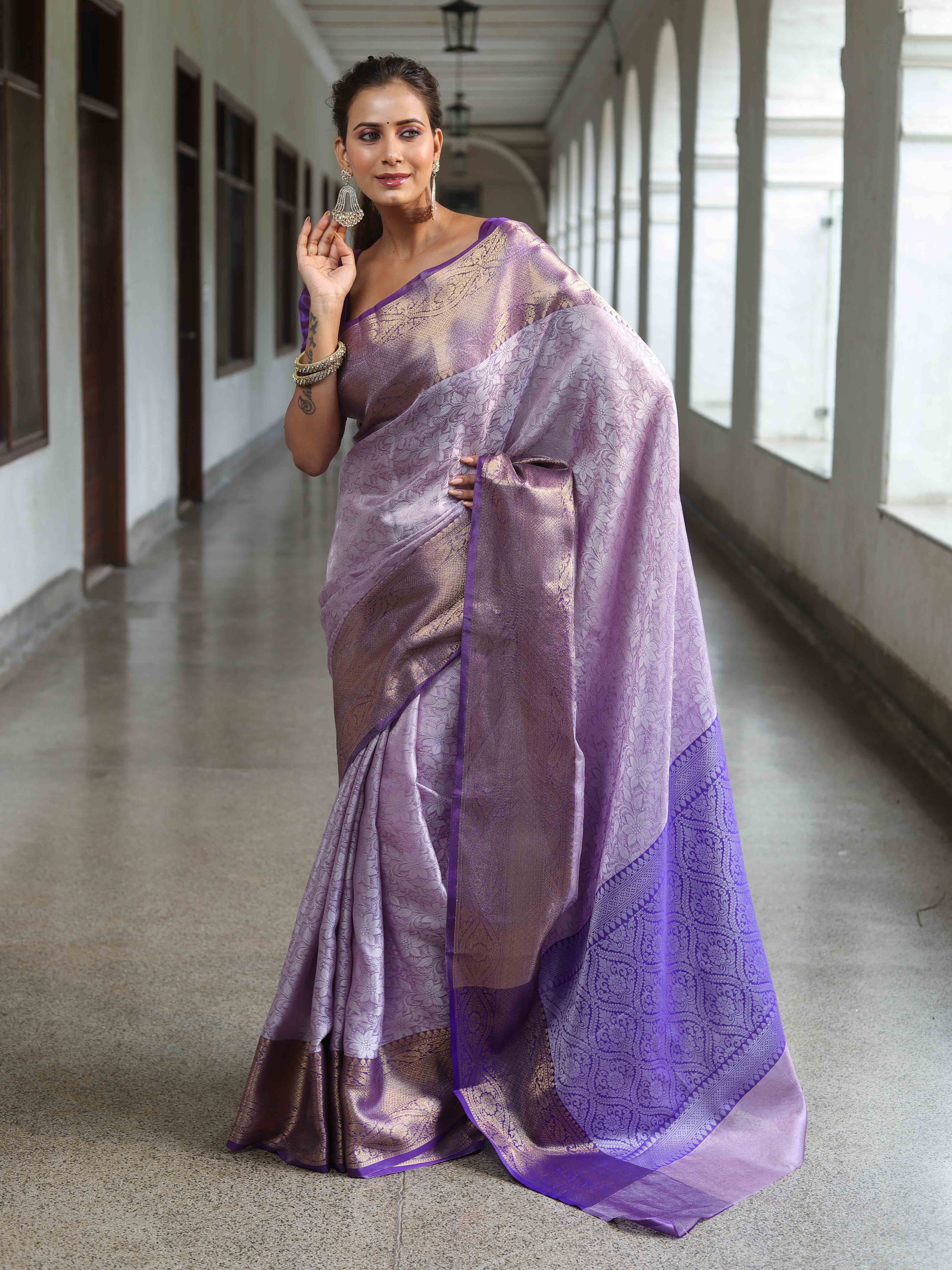 Banarasee Handwoven Semi Silk Saree With Floral Weaving & Board Zari Border-Purple(Dual Tone)