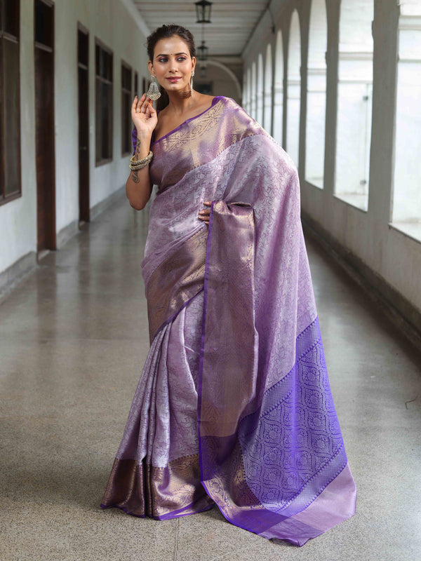 Banarasee Handwoven Semi Silk Saree With Floral Weaving & Board Zari Border-Purple(Dual Tone)