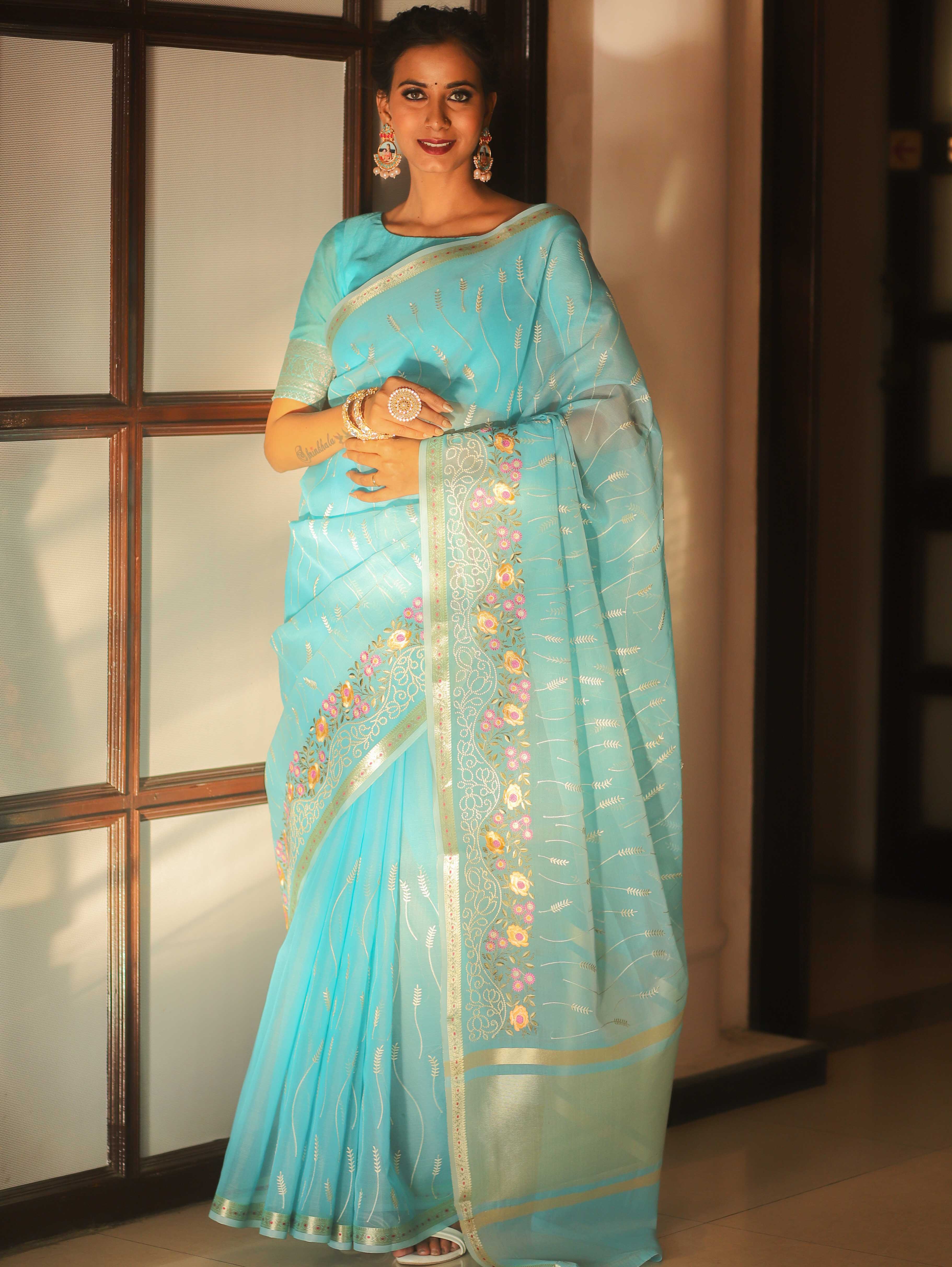 Banarasee Organza Saree With Floral Embroidery-Blue