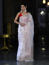 Banarasee Handloom Dupion Silk Saree With Zari Buta Work & Border-White