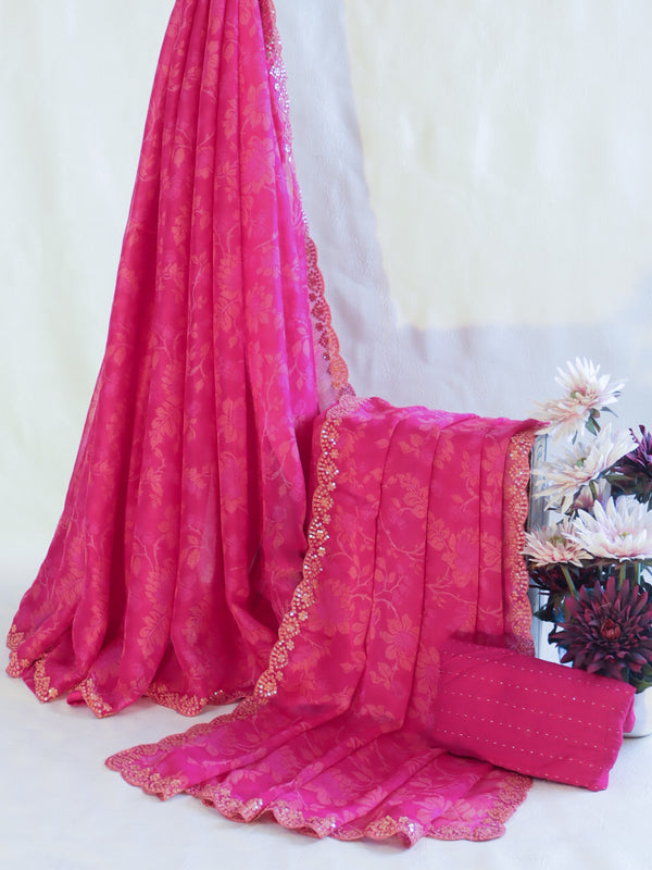 Banarasee Chiffon Floral Print Saree & Hand Work With Scallop Border-Pink