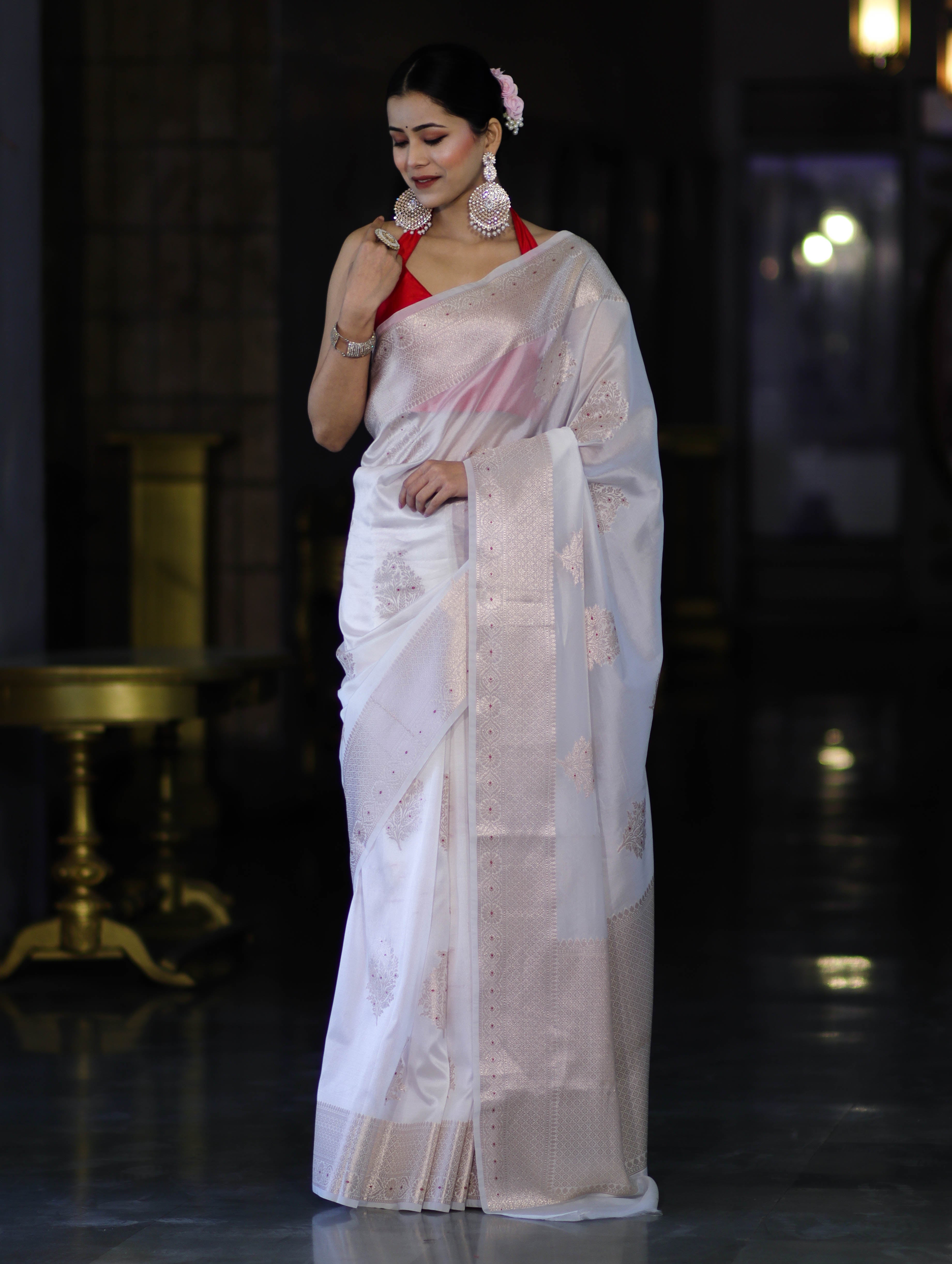 Banarasee Handloom Dupion Silk Saree With Zari Buta Work & Border-White