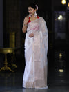 Banarasee Handloom Dupion Silk Saree With Zari Buta Work & Border-White
