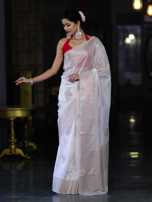 Banarasee Handloom Dupion Silk Saree With Zari Buta Work & Border-White