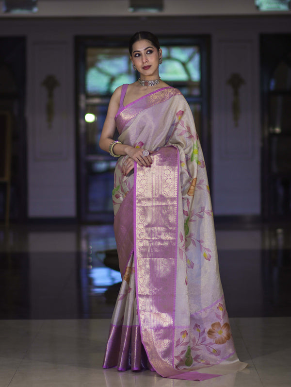 Banarasee Handloom Tissue Saree With Digital Floral Prints & Broad Border-Cream & Lavender