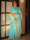 Banarasee Organza Saree With Floral Embroidery-Blue