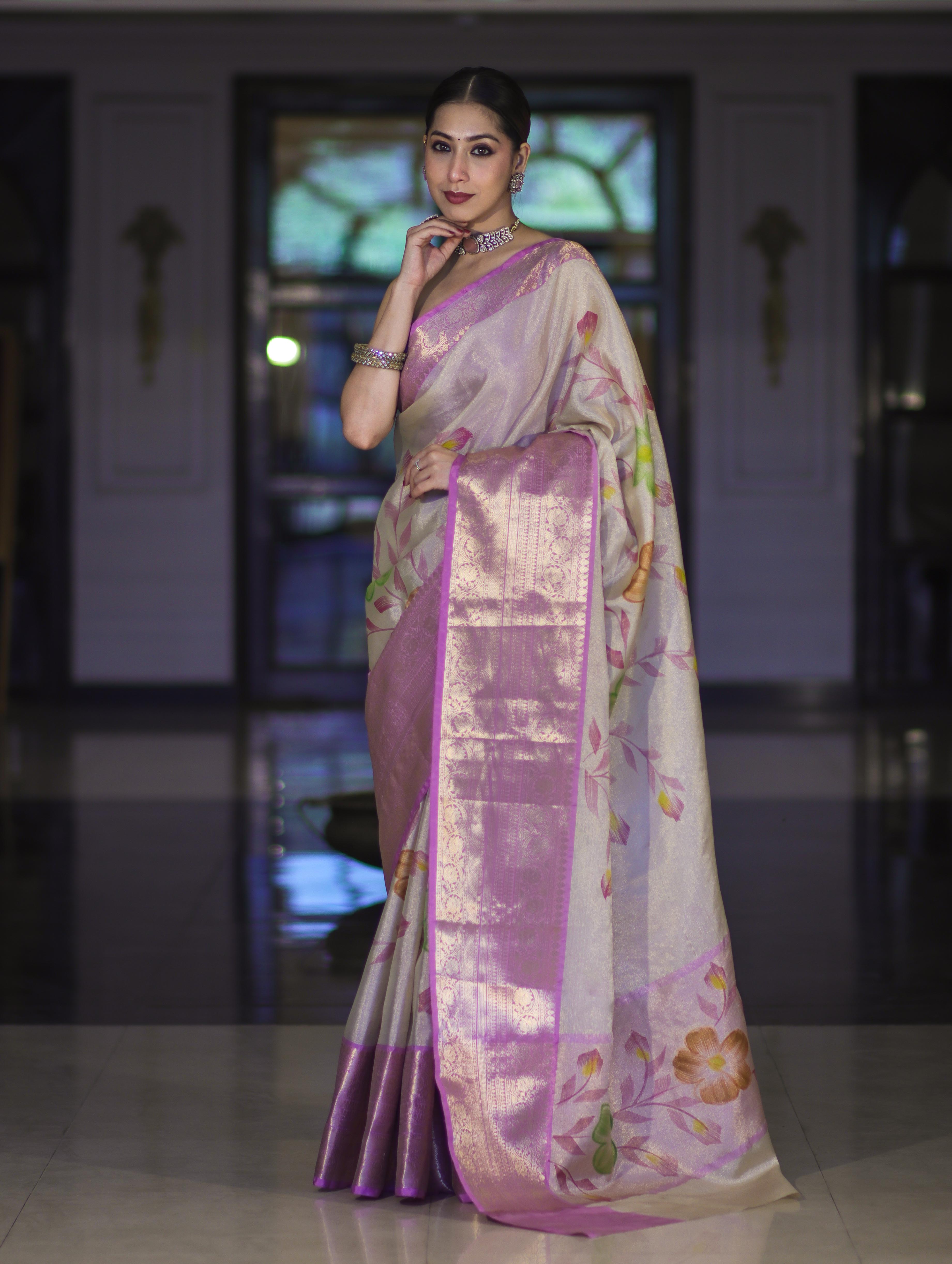 Banarasee Handloom Tissue Saree With Digital Floral Prints & Broad Border-Cream & Lavender