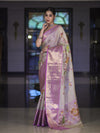 Banarasee Handloom Tissue Saree With Digital Floral Prints & Broad Border-Cream & Lavender