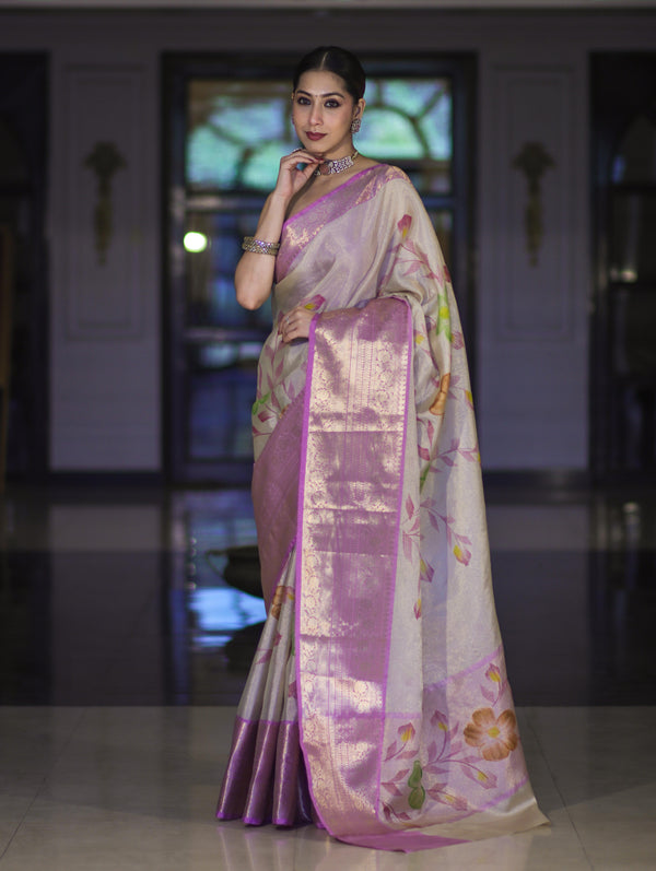 Banarasee Handloom Tissue Saree With Digital Floral Prints & Broad Border-Cream & Lavender