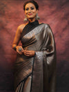 Banarasee Handwoven Tissue Silver Zari Saree-Black