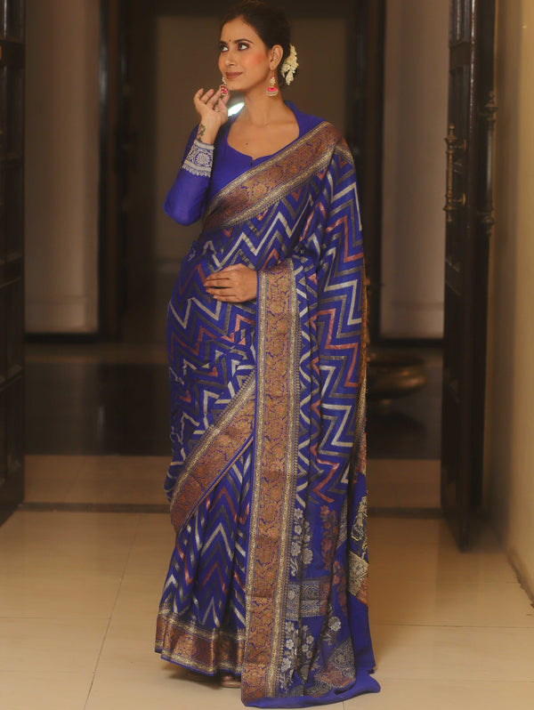 Banarasee Pure Chiffon Saree Zig-Zag Zari Design-Royal Blue