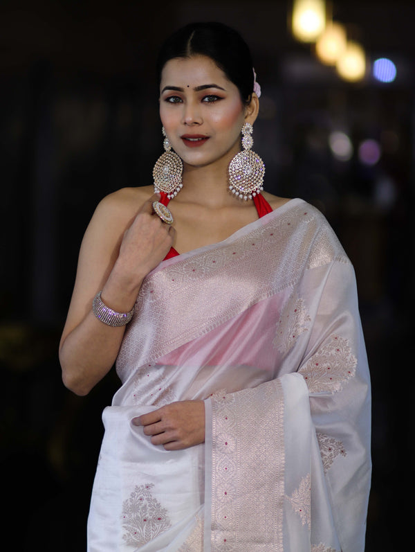 Banarasee Handloom Dupion Silk Saree With Zari Buta Work & Border-White