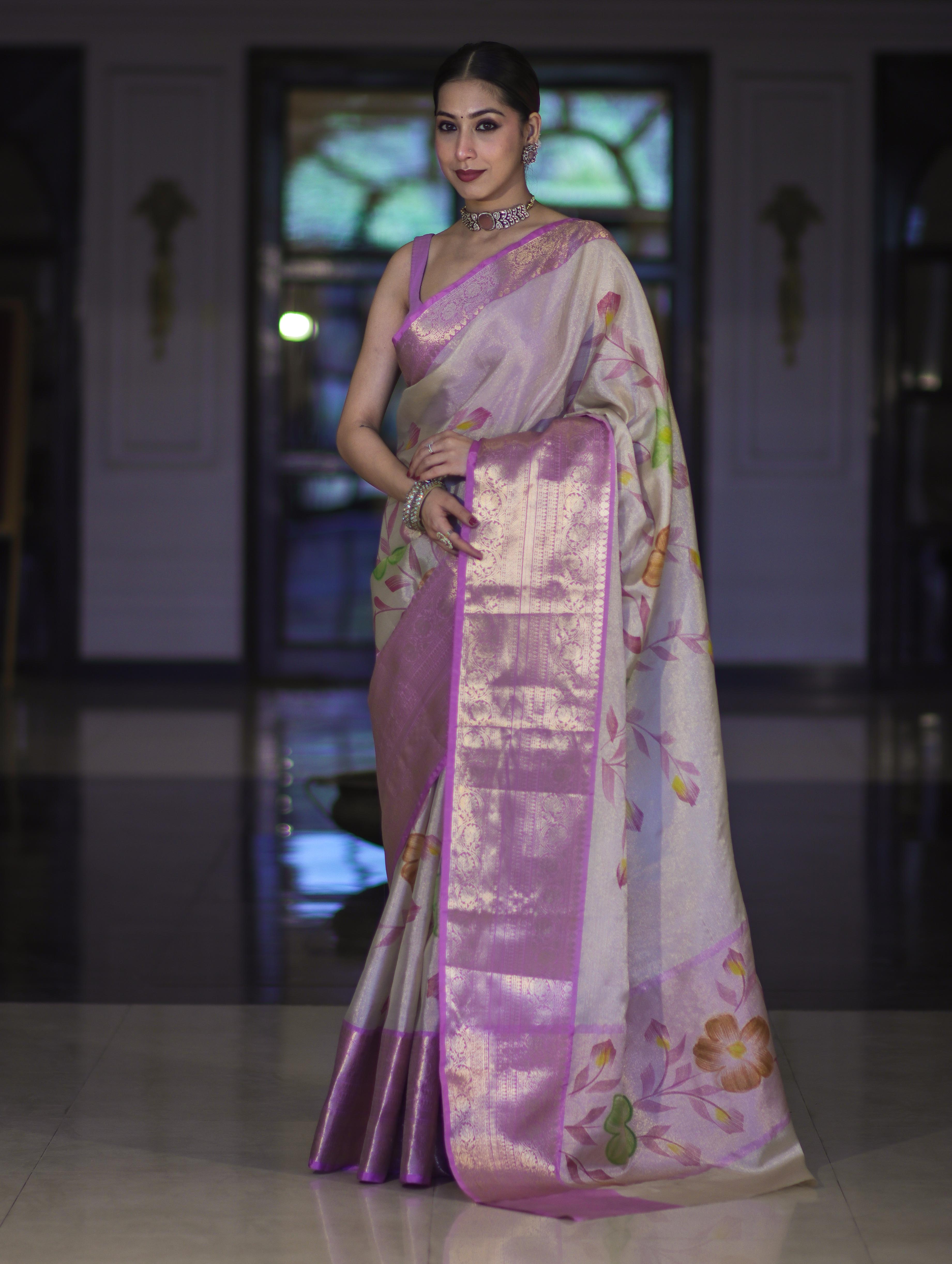 Banarasee Handloom Tissue Saree With Digital Floral Prints & Broad Border-Cream & Lavender