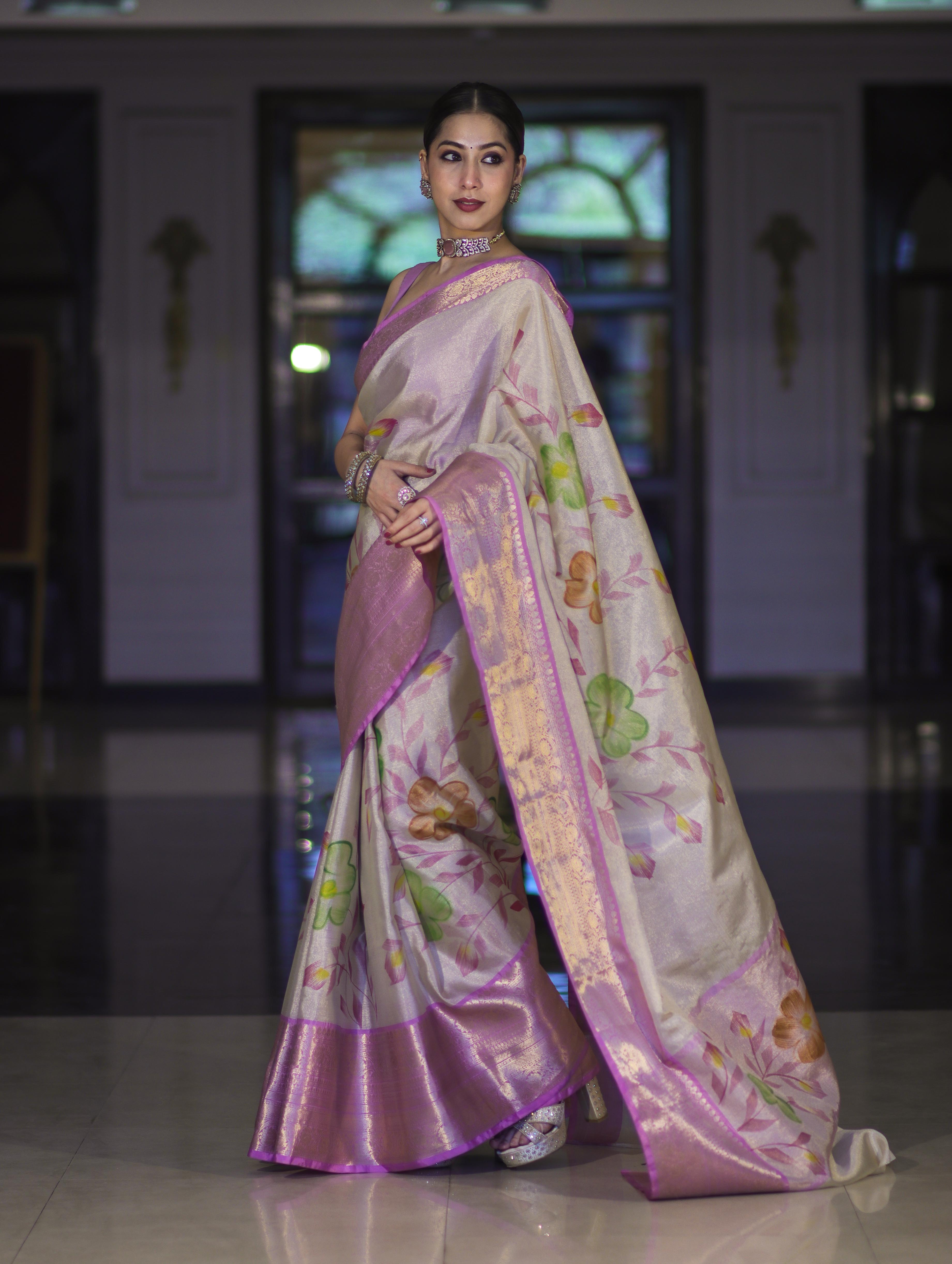 Banarasee Handloom Tissue Saree With Digital Floral Prints & Broad Border-Cream & Lavender
