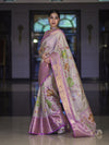 Banarasee Handloom Tissue Saree With Digital Floral Prints & Broad Border-Cream & Lavender
