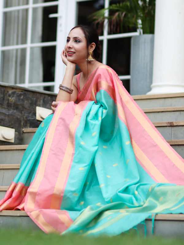 Banarasee Handloom Semi Silk Saree With Buti Design & Contrast Border-Sea Green & Peach