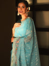 Banarasee Organza Saree With Floral Embroidery-Blue