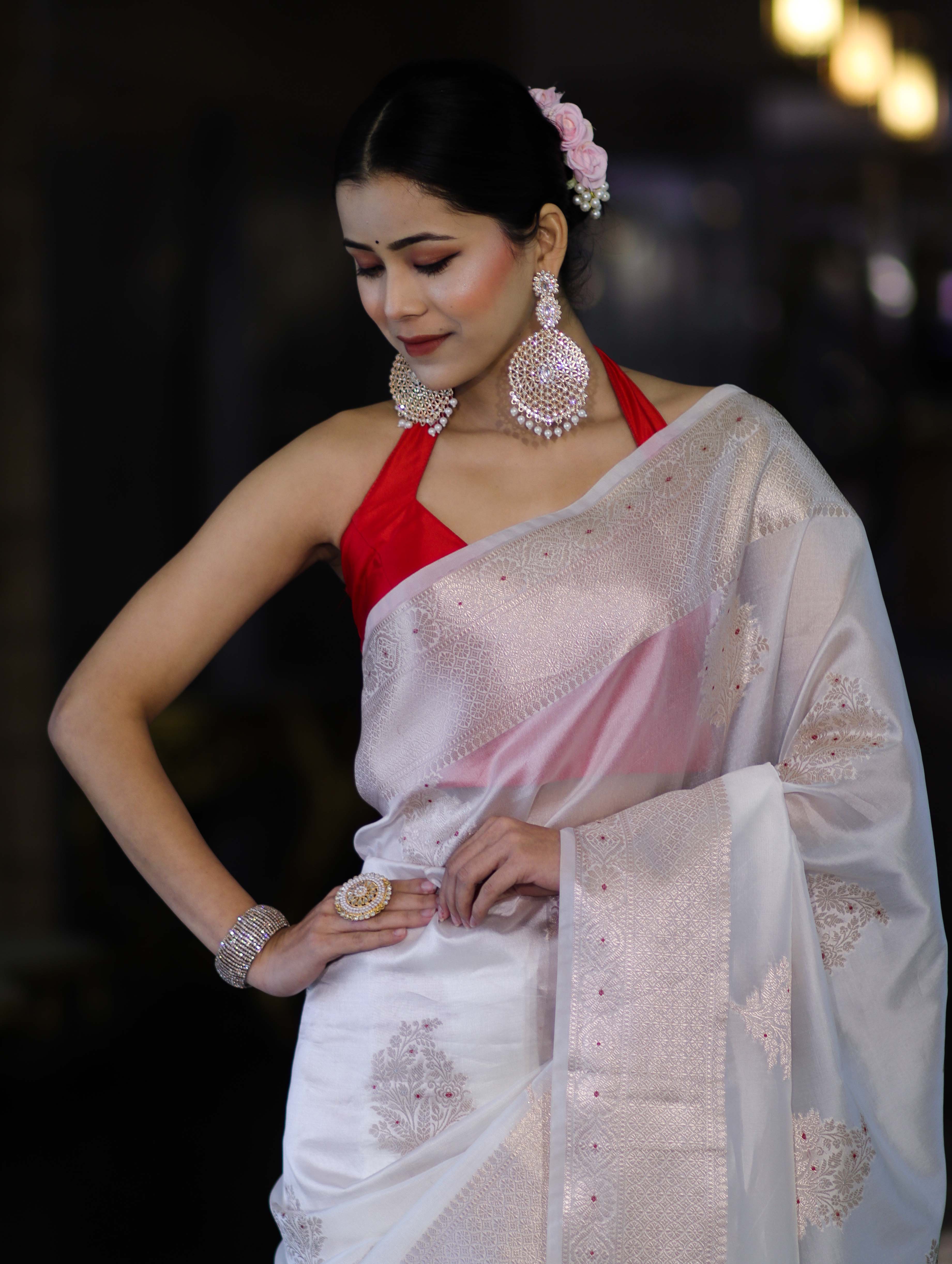 Banarasee Handloom Dupion Silk Saree With Zari Buta Work & Border-White