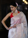 Banarasee Handloom Dupion Silk Saree With Zari Buta Work & Border-White
