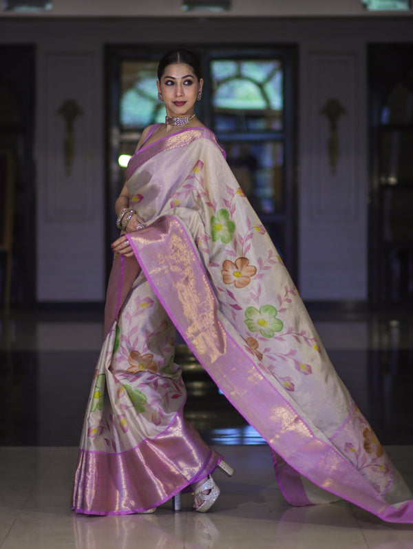 Banarasee Handloom Tissue Saree With Digital Floral Prints & Broad Border-Cream & Lavender