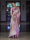 Banarasee Handloom Tissue Saree With Digital Floral Prints & Broad Border-Cream & Lavender