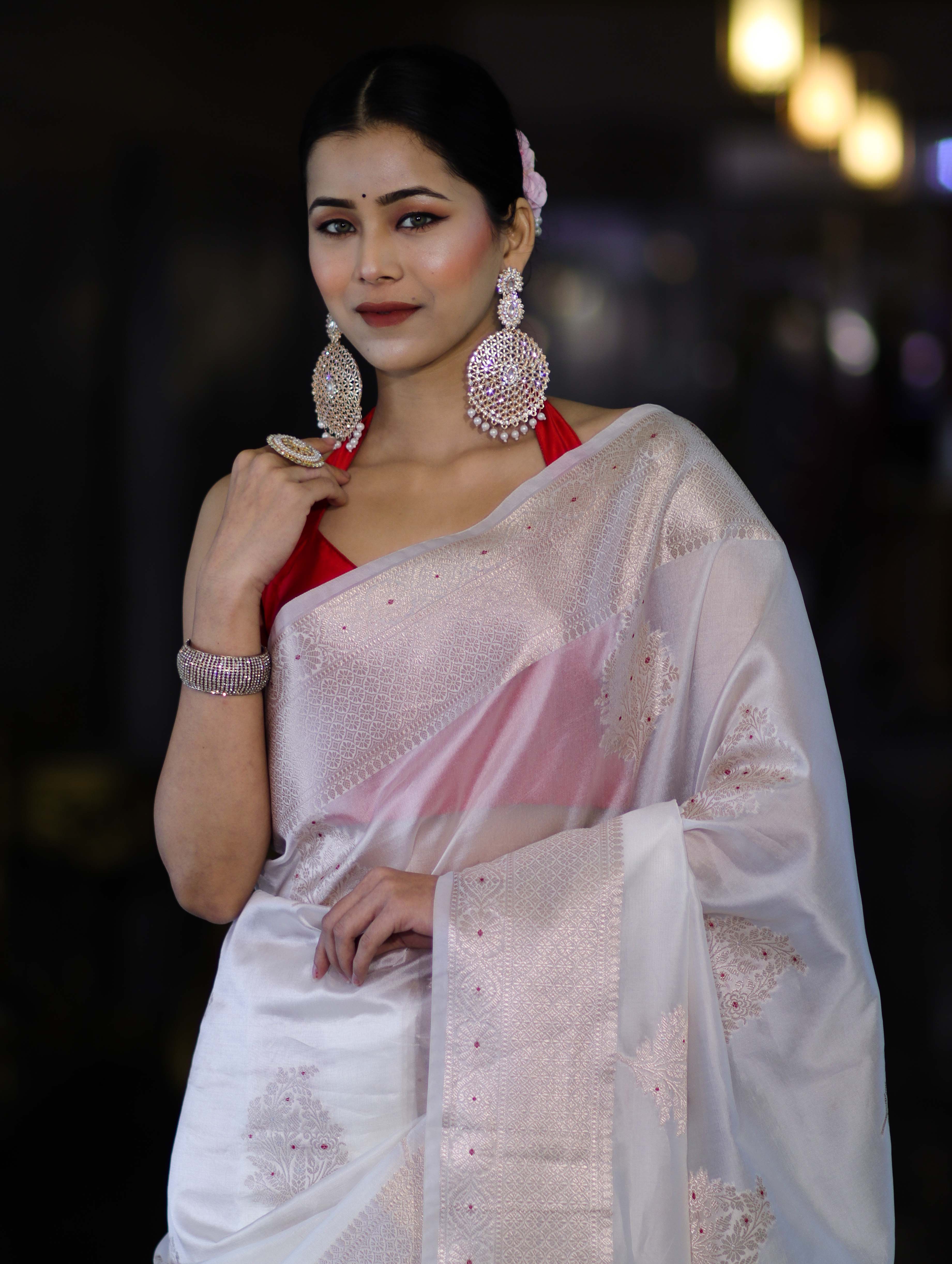 Banarasee Handloom Dupion Silk Saree With Zari Buta Work & Border-White