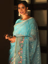 Banarasee Organza Saree With Floral Embroidery-Blue