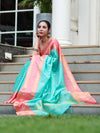 Banarasee Handloom Semi Silk Saree With Buti Design & Contrast Border-Sea Green & Peach