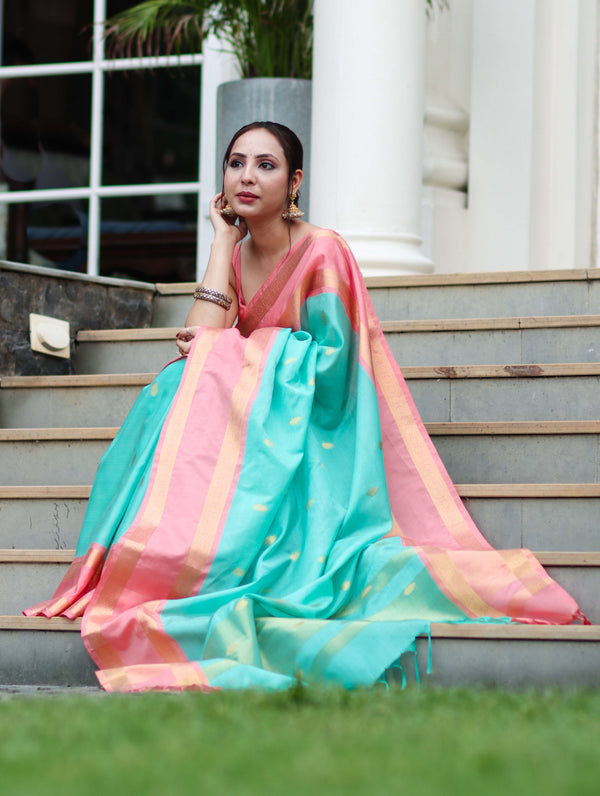 Banarasee Handloom Semi Silk Saree With Buti Design & Contrast Border-Sea Green & Peach