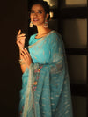 Banarasee Organza Saree With Floral Embroidery-Blue