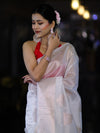 Banarasee Handloom Dupion Silk Saree With Zari Buta Work & Border-White